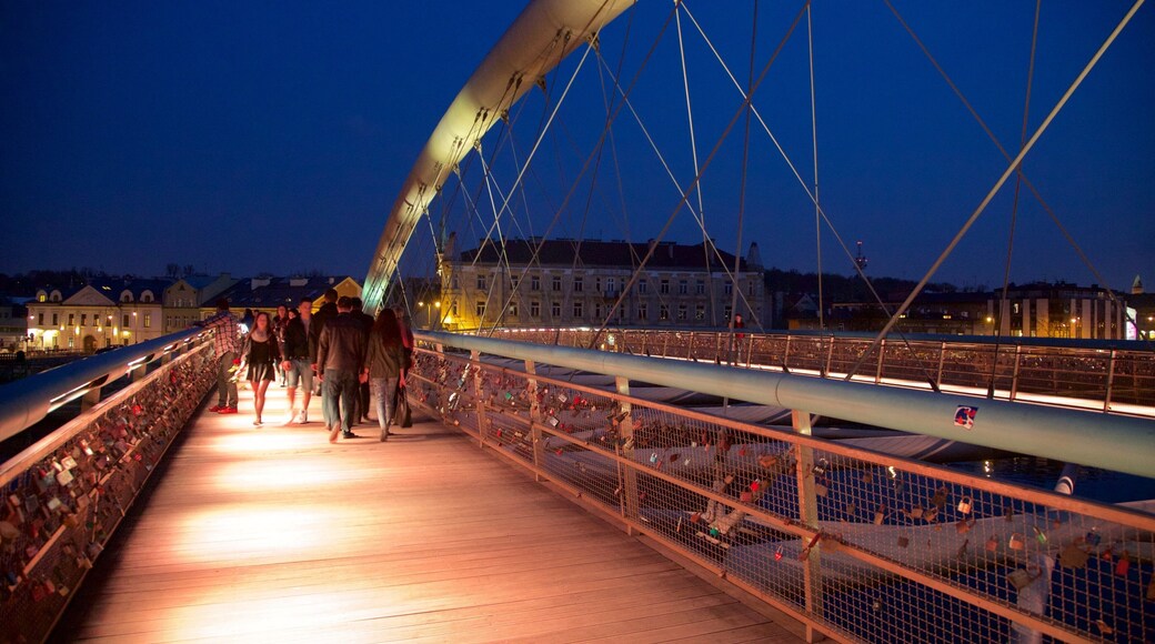 Father Bernatka Footbridge featuring night scenes and a bridge as well as a small group of people