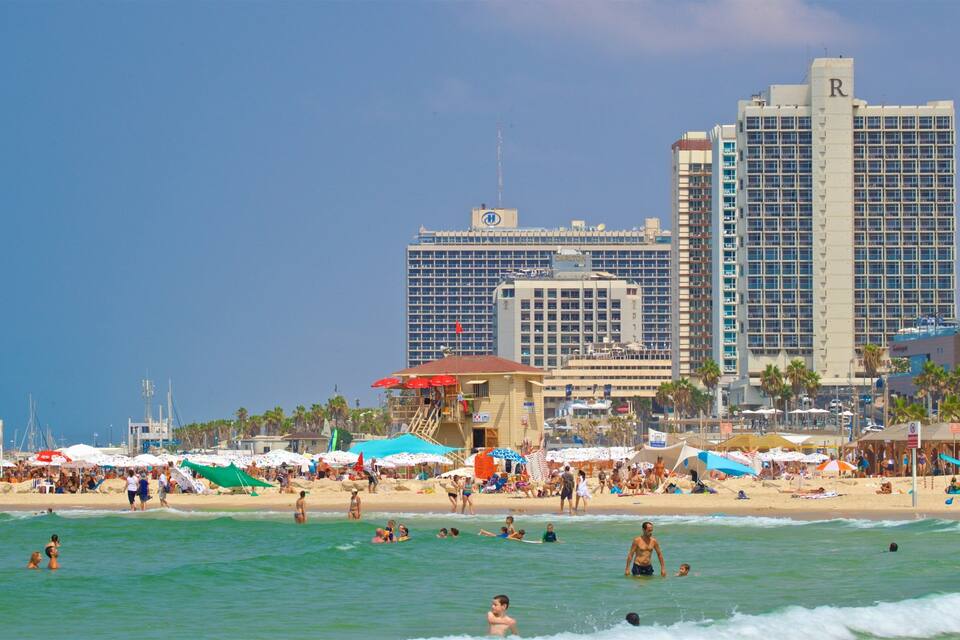 A crowded beach with people swimming and sunbathing, palm trees, and tall hotels in the background.
