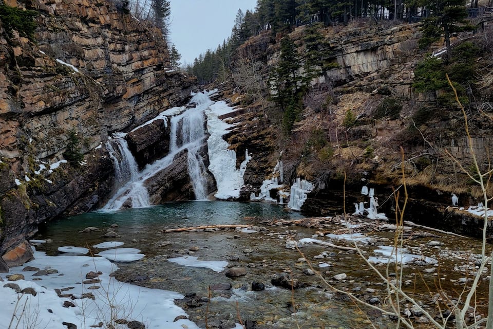 A waterfall cascading down a rocky cliff into a river surrounded by snow-covered terrain and sparse vegetation.