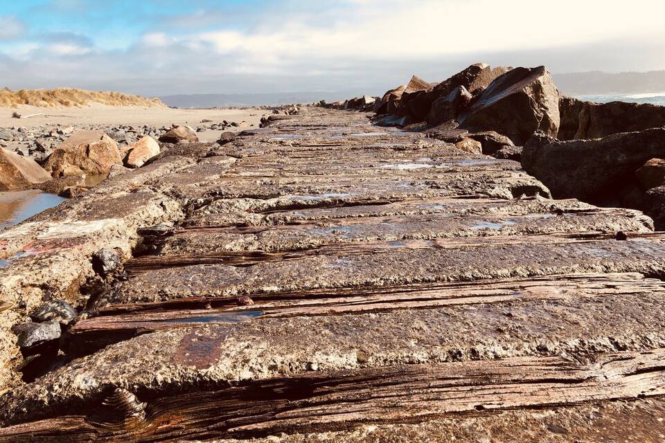 A rocky coastal path with layered sedimentary rock formations.