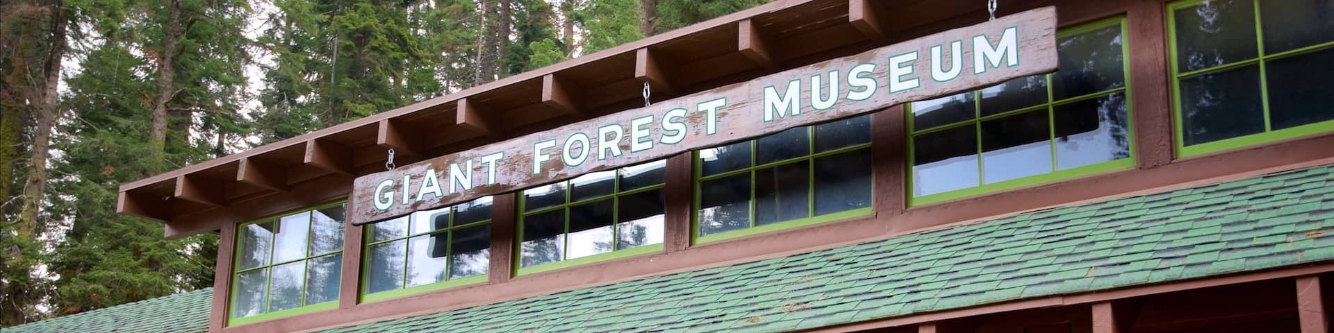 Un edificio con un cartel que dice "GIANT FOREST MUSEUM" y grandes ventanales con marcos verdes.