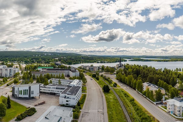 Rovaniemi Finland, panorama of the city with Kemijoki river in the back and Ounasvaara fell