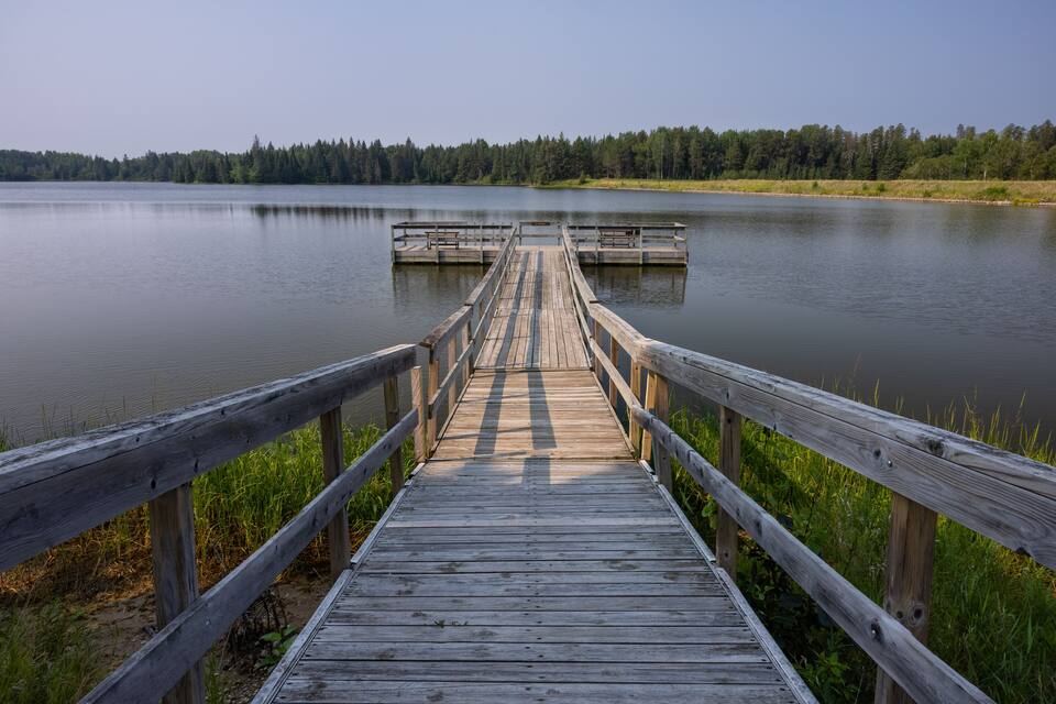 A wooden pier extending into a calm lake surrounded by dense forest.