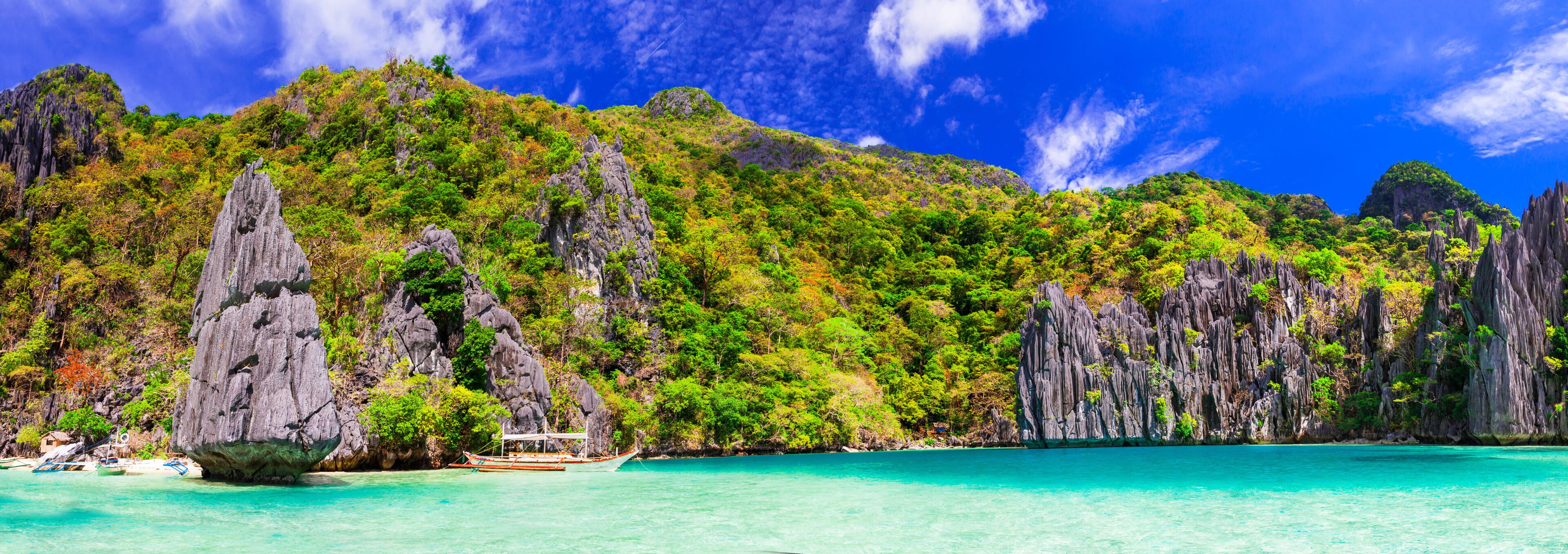 El Nido Palawan 11K Panorama: Sharp Limestone Karst Rocks on Deserted Beach, Turquoise Lagoon and Crystal Water, Exotic Philippines Nature, Bacuit Bay Tropical Landscape Ultra High Resolution