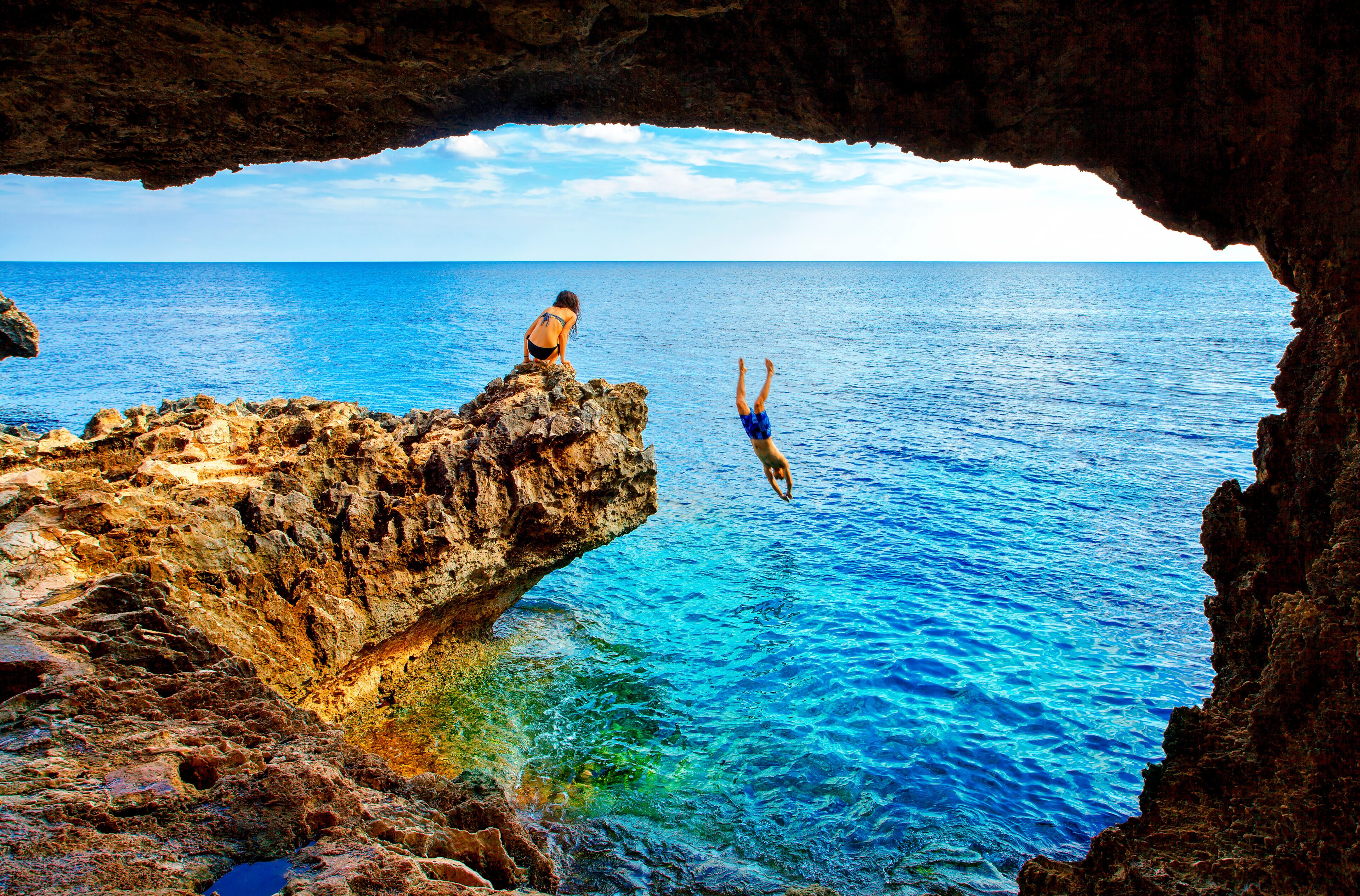 Sea cave near Cape Greko of Ayia Napa and Protaras on Cyprus island, Mediterranean Sea.