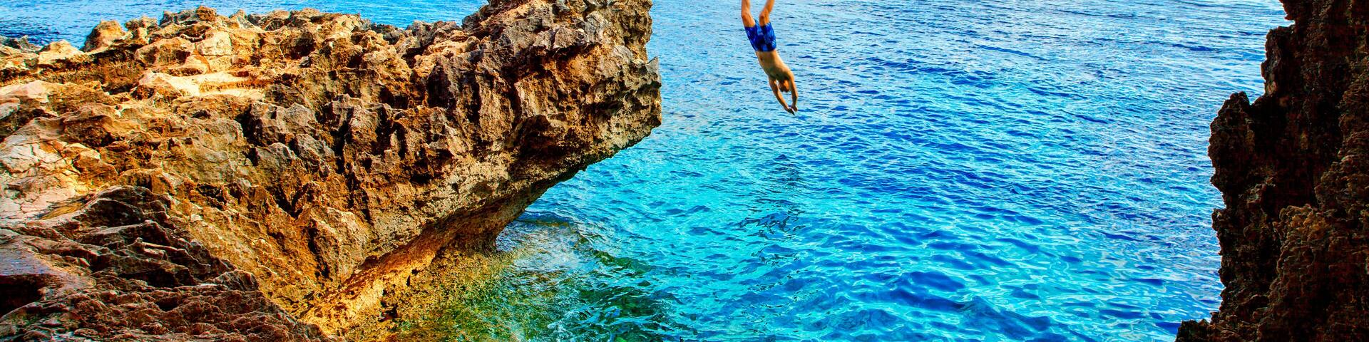 Sea cave near Cape Greko of Ayia Napa and Protaras on Cyprus island, Mediterranean Sea.