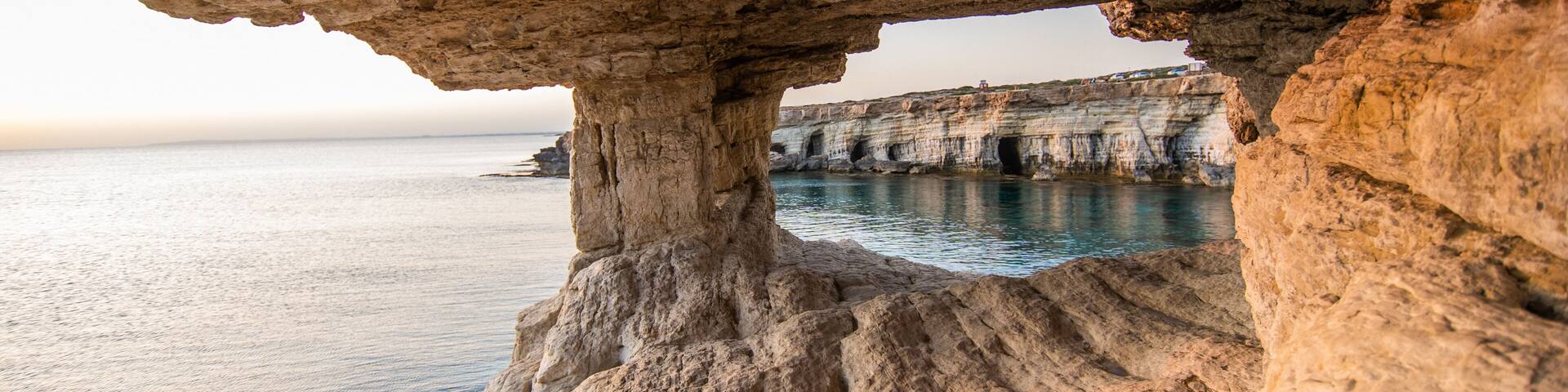 Sea caves in Cape Greko national park near Ayia Napa and Protaras on Cyprus island, Mediterranean Sea