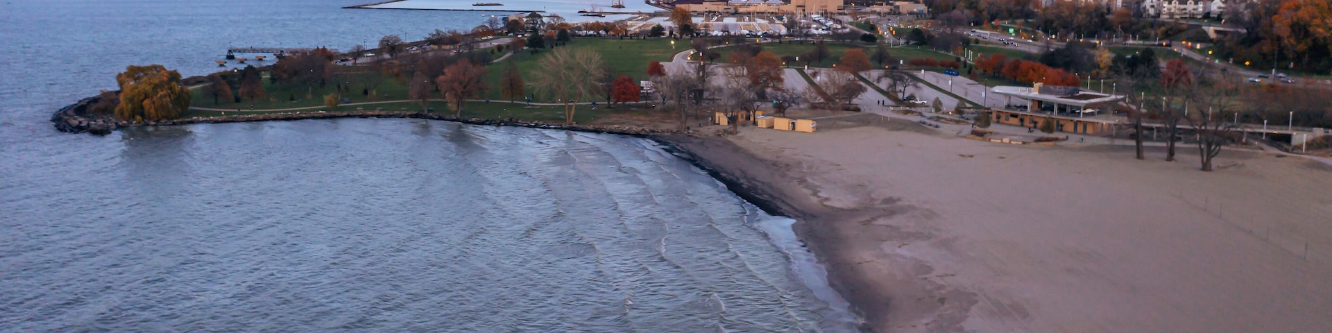 Aerial view of Edgewater beach in Cleveland, Ohio with downtown in the far back