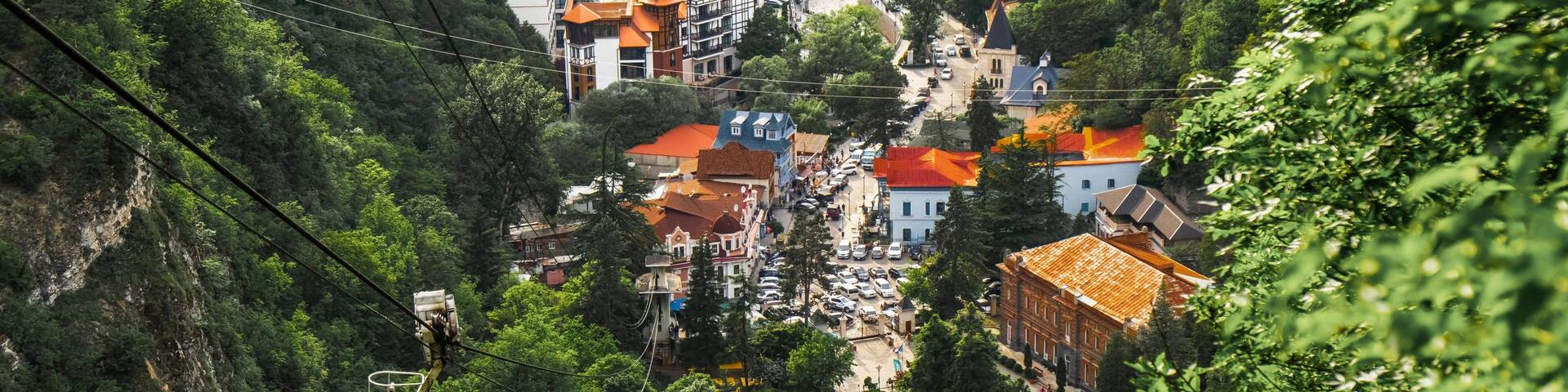 View of park of Borjomi. Borjomi is a resort town in central Georgia. It's known for its mineral waters, with springs in Borjomi Central Park.