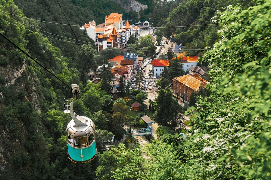 View of park of Borjomi. Borjomi is a resort town in central Georgia. It's known for its mineral waters, with springs in Borjomi Central Park.