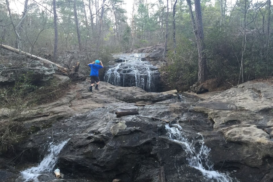 A person in a blue jacket standing on a rocky terrain with a waterfall in a forested area.