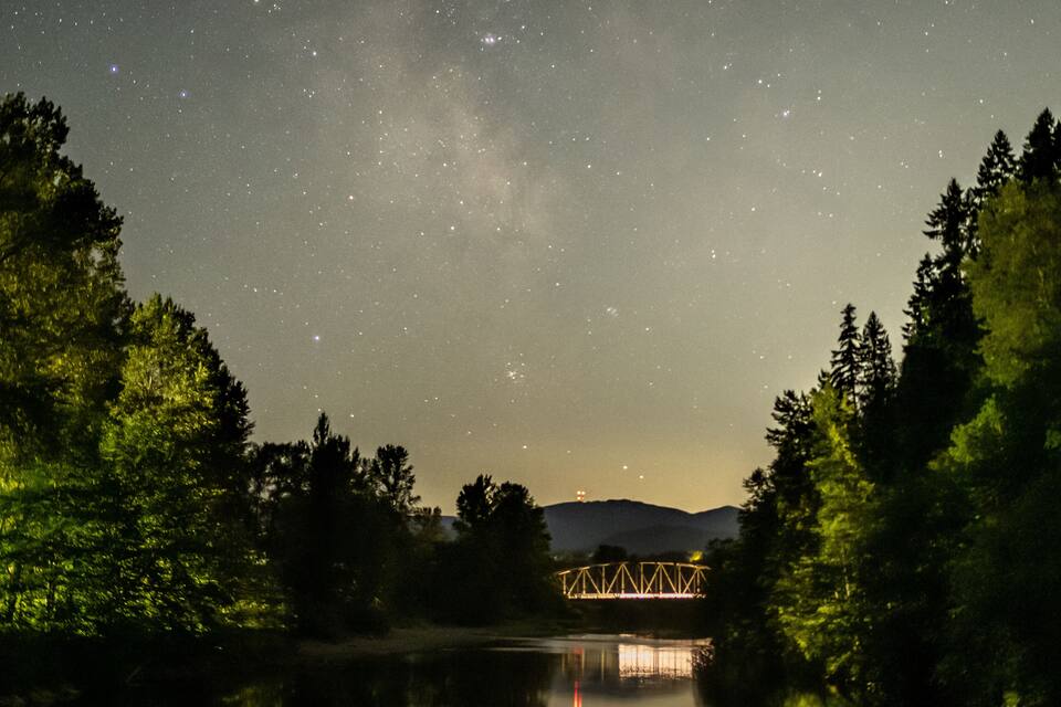 Cielo stellato sopra una foresta, con un ponte visibile in lontananza.
