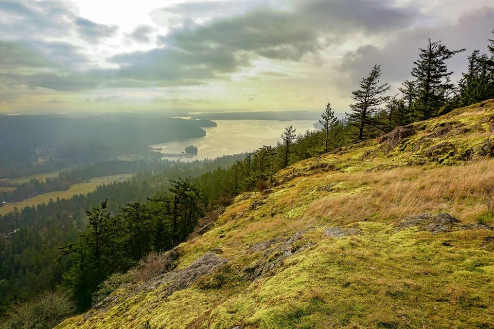 A mountainous landscape with a view of a large body of water, surrounded by dense forests and rocky terrain.