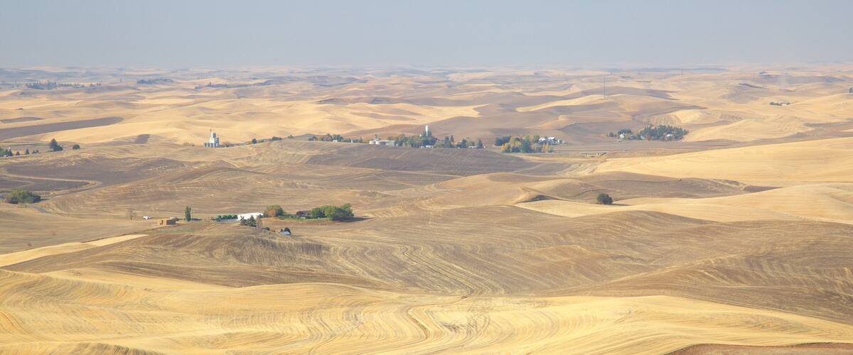 Rolling hills and a small settlement with buildings.