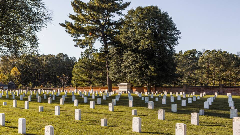 A cemetery with numerous headstones and a large tree in the background.