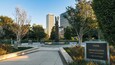 A park with a sculpture, a fountain, and a sign reading 'Tower of Reconciliation.'