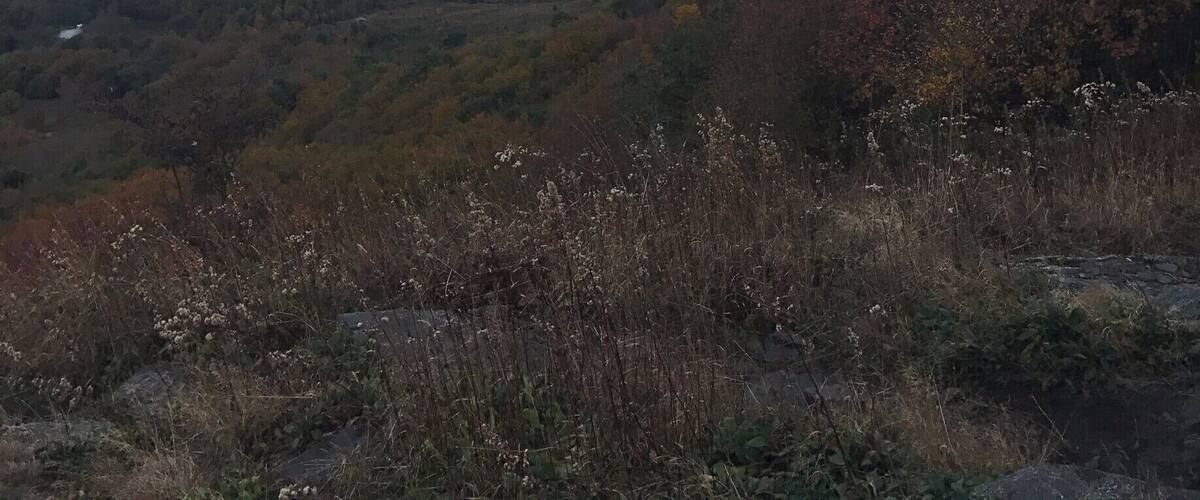 A mountain range with a valley and a river.