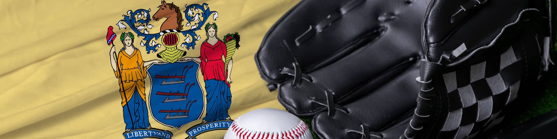 Baseball bat, glove and ball near New Jersey flag on green grass background
