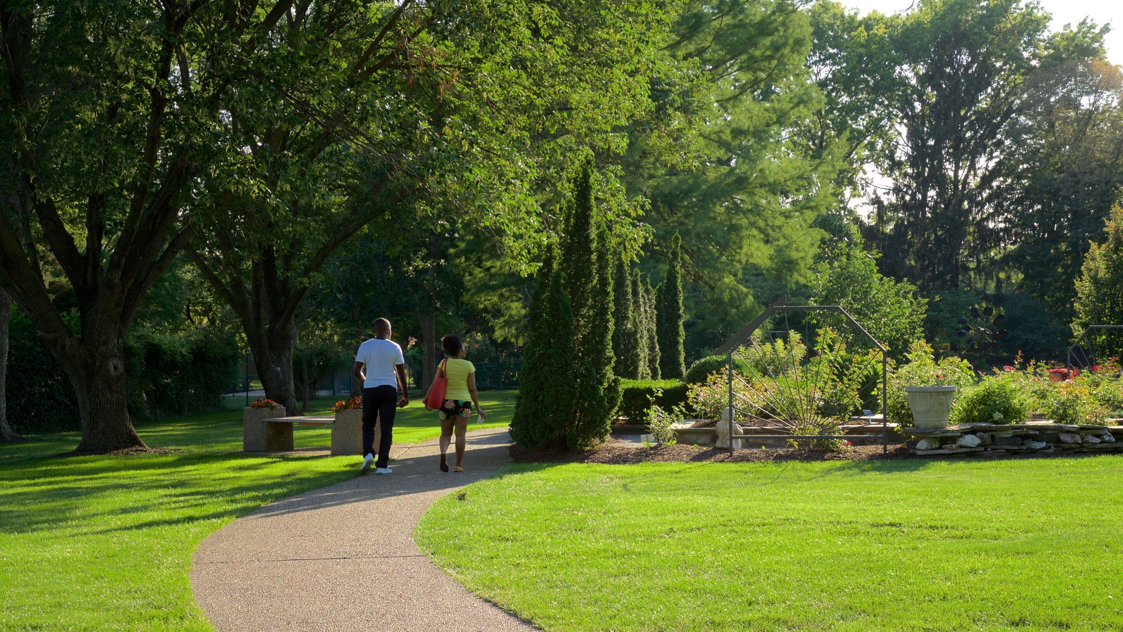 Shelter Gardens toont een tuin en straten en ook een stel