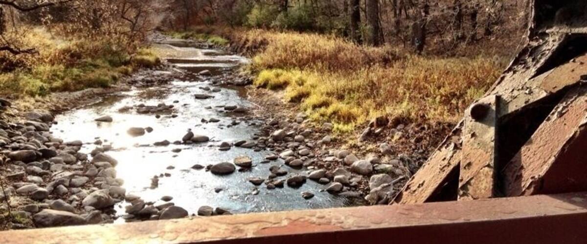 A river under a bridge with rocky banks and sparse vegetation.