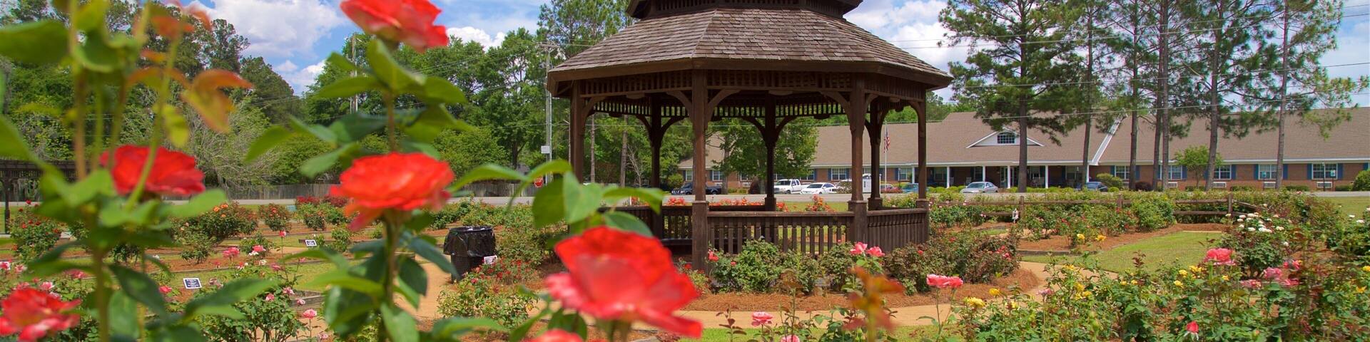 A gazebo surrounded by a garden with various flowers and trees.