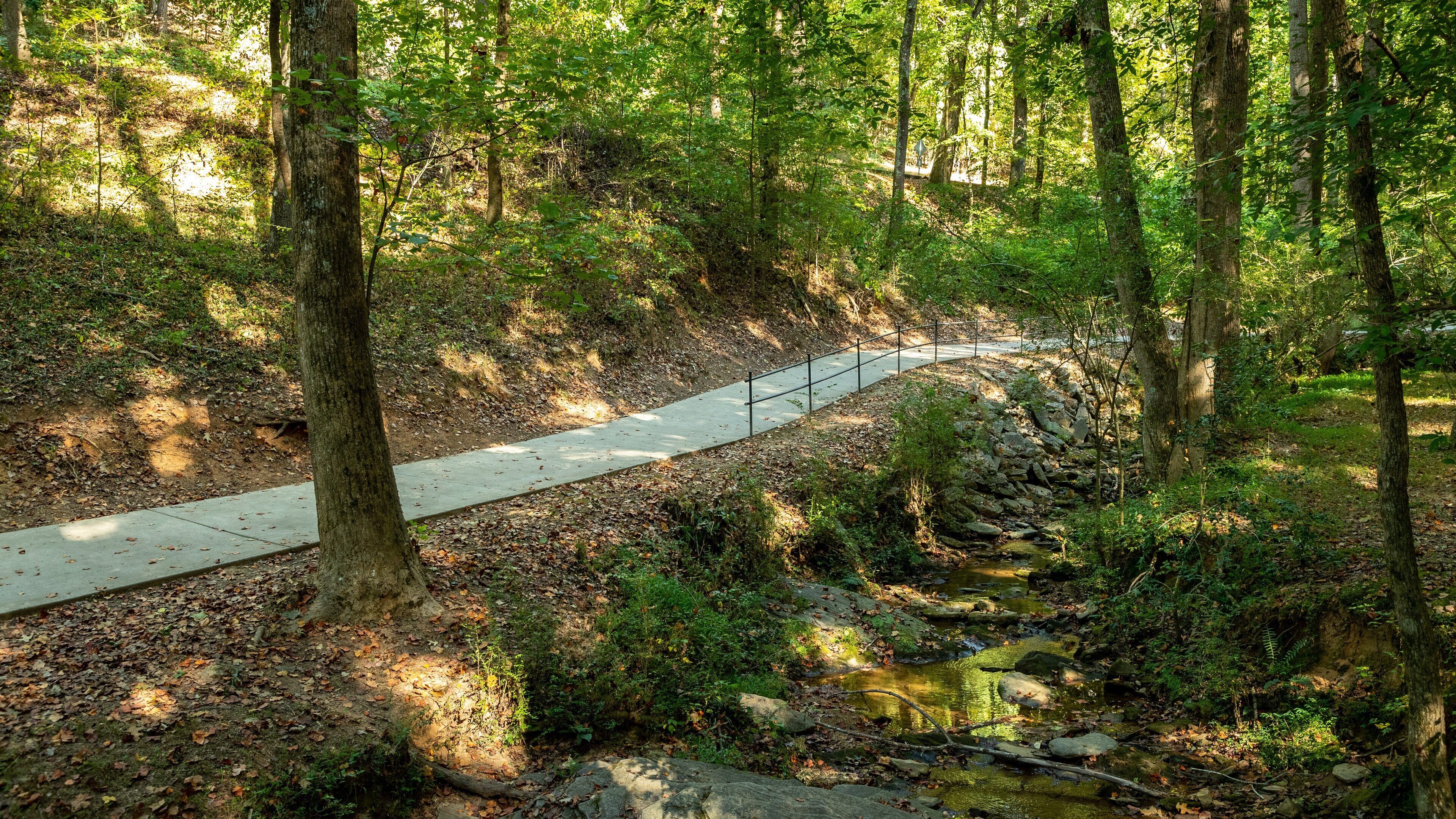 Ein bewaldetes Gebiet mit einem Betonweg, einem kleinen Bach und einem Metallzaun.