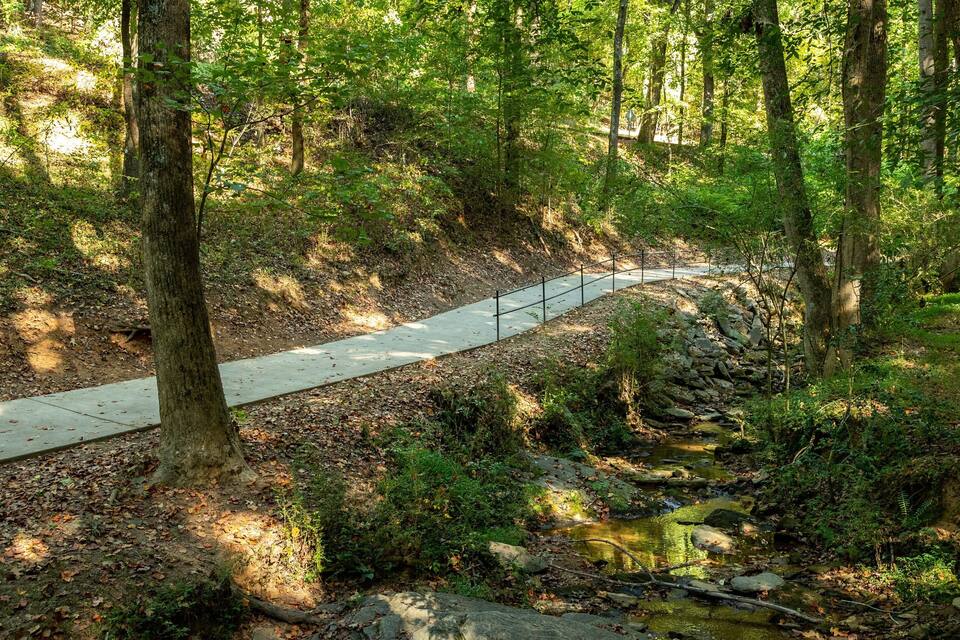 A forested area with a concrete path, a small stream, and a metal fence.
