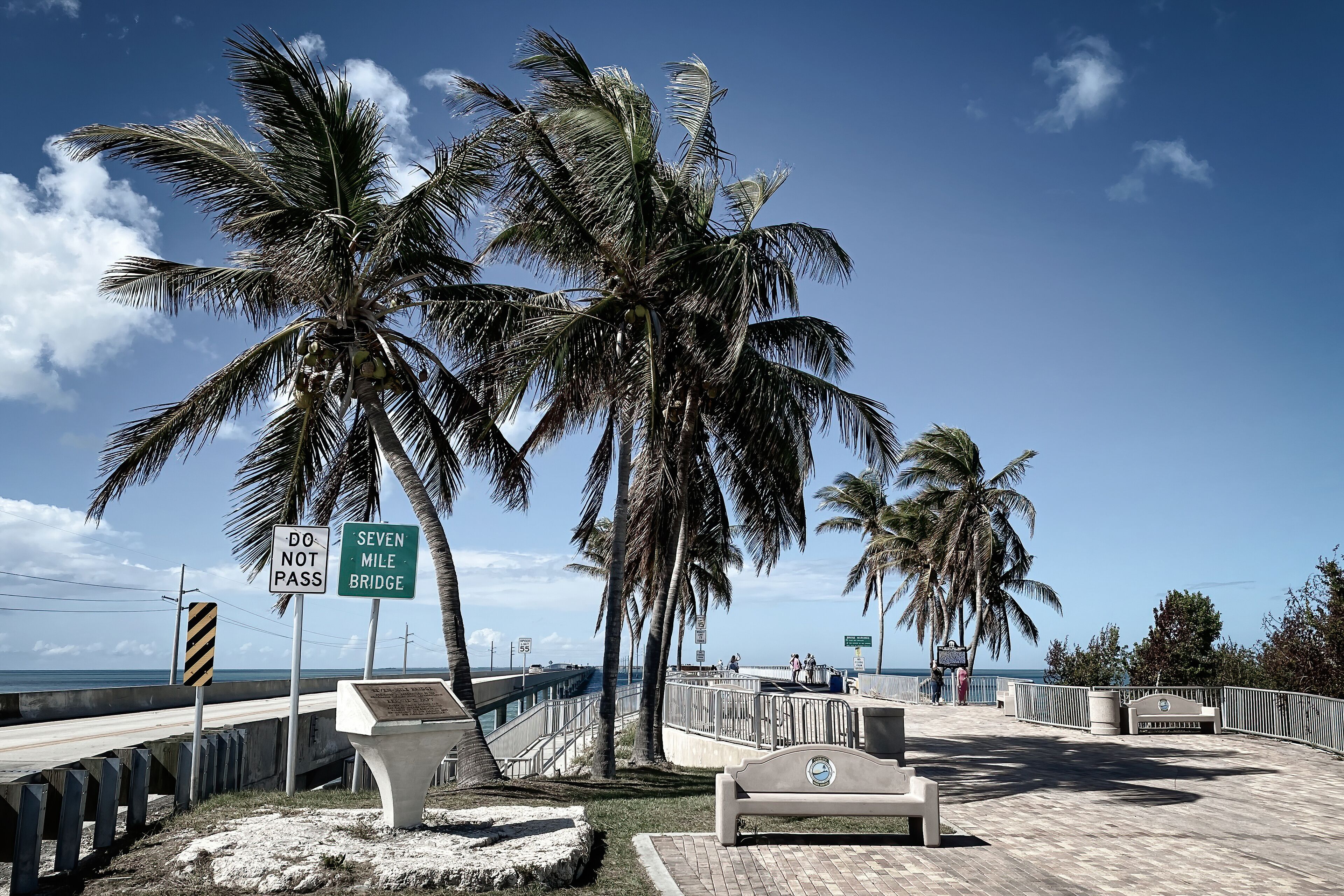 Begin of Seven Mile Bridge, Florida, USA with tourist information board.