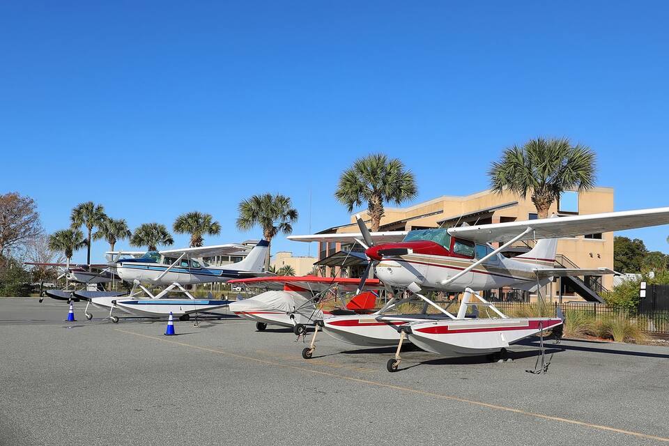 A row of small aircraft parked on a tarmac with palm trees and buildings in the background.