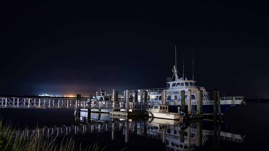 Night scene of the ferry to Cumberland Island and the waterfront in St Marys, Georgia.