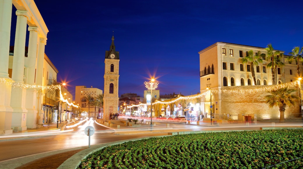Jaffa Clock Tower showing a park, night scenes and heritage elements