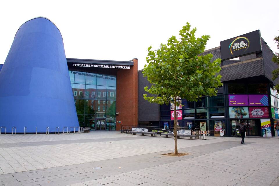 The Alhambra Music Centre with a large blue sculpture in front.