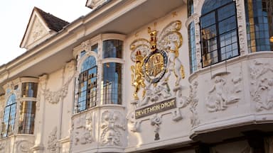 Detalhes arquitetônicos ornamentados, incluindo um brasão e a inscrição "DIEVET-MOORT".