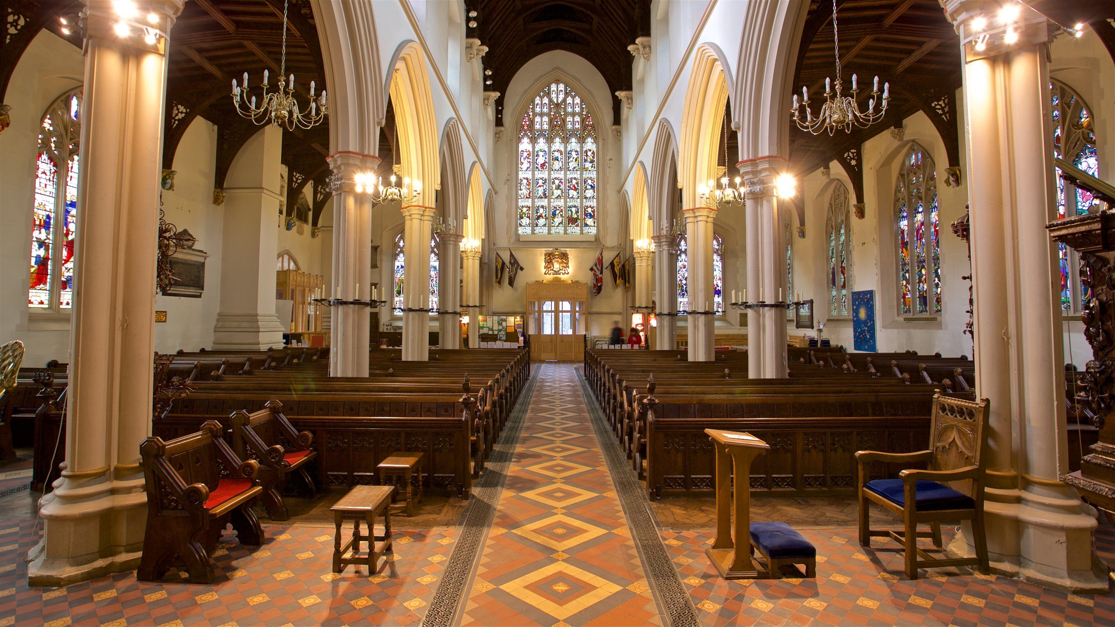 St Mary-le-Tower showing a church or cathedral, heritage elements and interior views