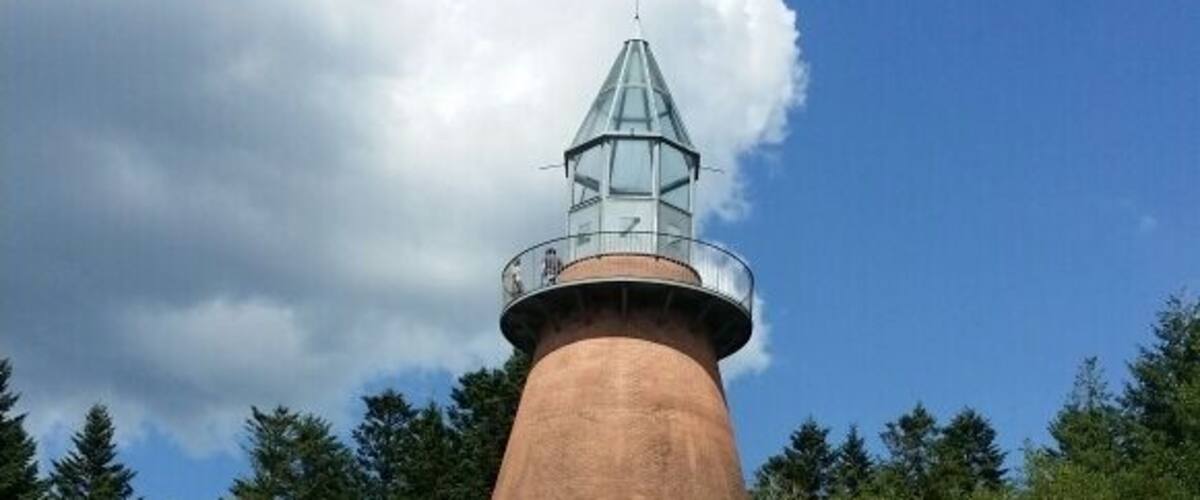 A conical lighthouse with a glass lantern room, set in a grassy field with trees in the background.