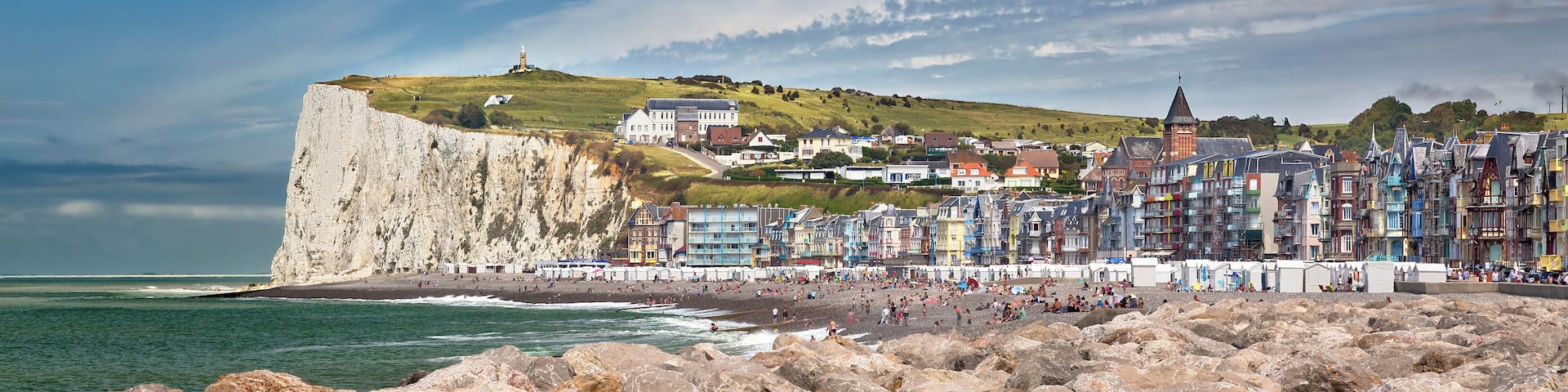 View over the boulevard and beach at Mers-les-Bains, a touristic seaside resort, situated on the coast of the English Channel