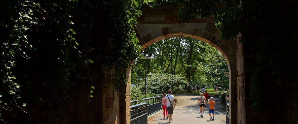 An archway with greenery on either side, leading to a pathway with people walking.