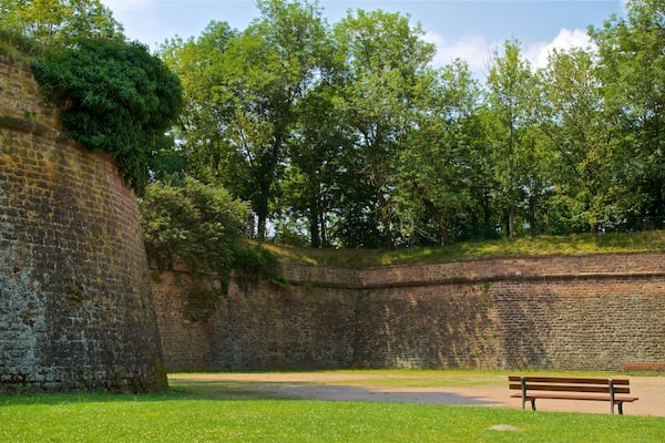 Eine Steinmauer mit einer Bank in einem Park.