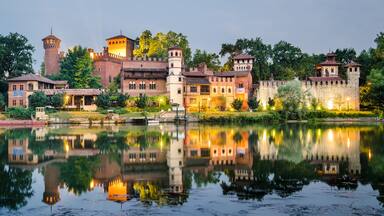 A historic castle with a moat, reflecting buildings, and lush greenery.