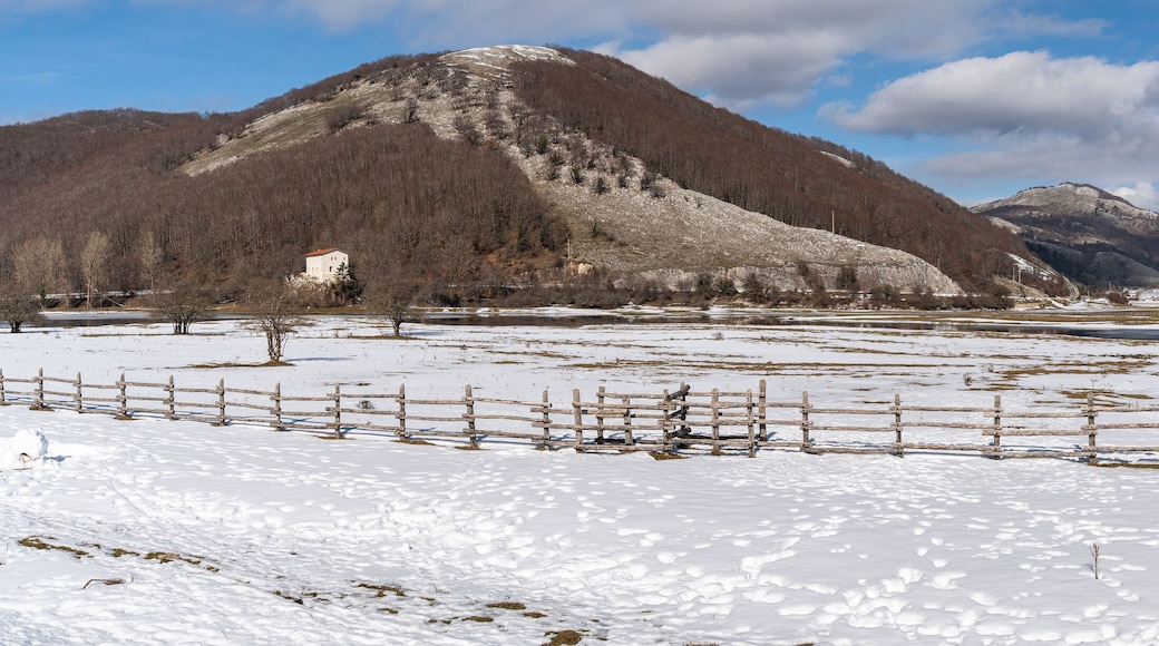 Wide panoramic view of Laceno Lake during winter season, Campania region, Italy