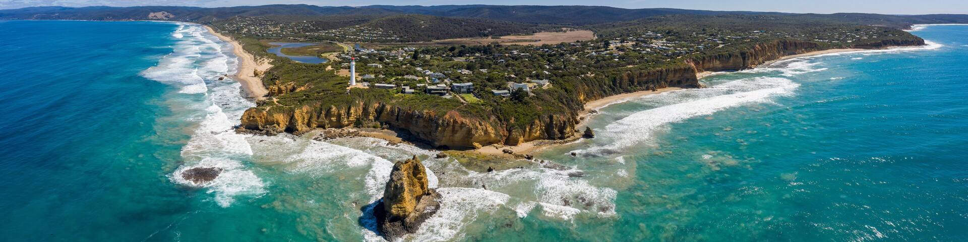 Aerial view of the Split Point lighthouse and coastline at Aireys Inlet, on the Great Ocean Road in Victoria Australia