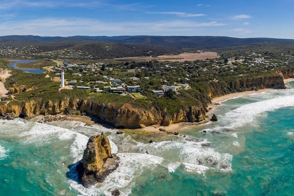 Aerial view of the Split Point lighthouse and coastline at Aireys Inlet, on the Great Ocean Road in Victoria Australia