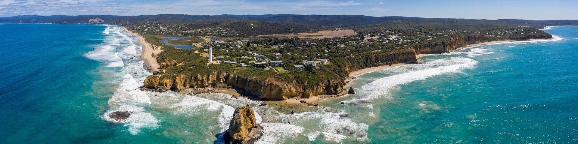 Aerial view of the Split Point lighthouse and coastline at Aireys Inlet, on the Great Ocean Road in Victoria Australia