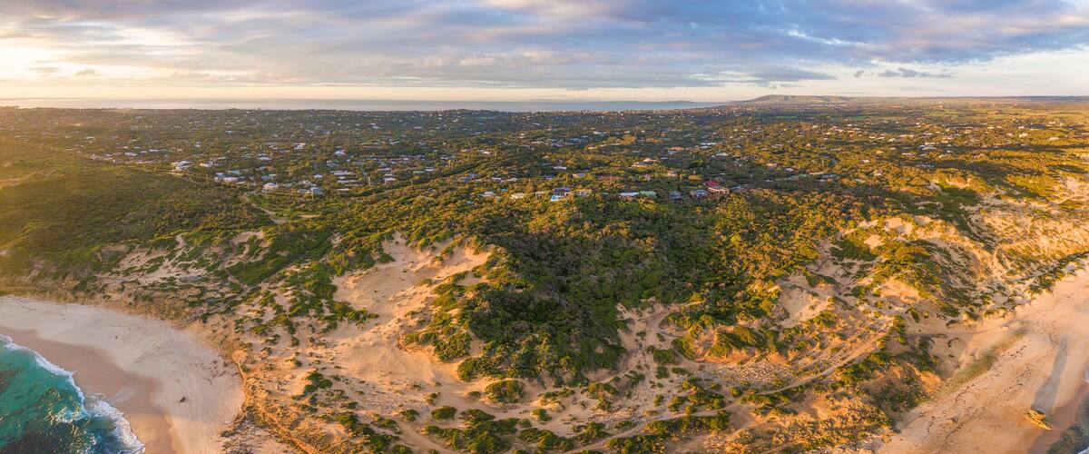 Aerial panorama of Rye suburb on Mornington Peninsula at sunset. Melbourne, Australia