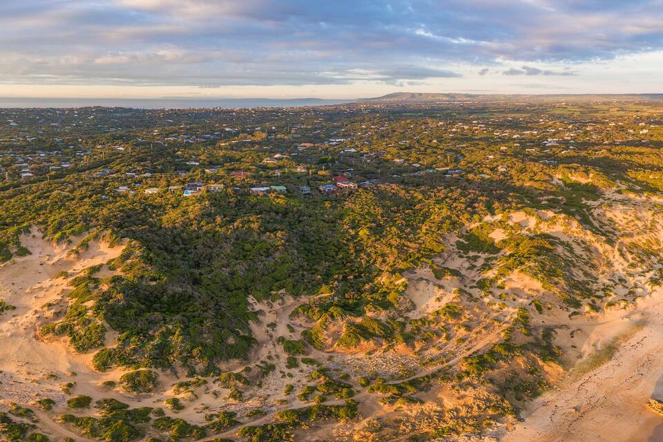 An aerial view of a coastal area with a beach, dense vegetation, and scattered buildings.