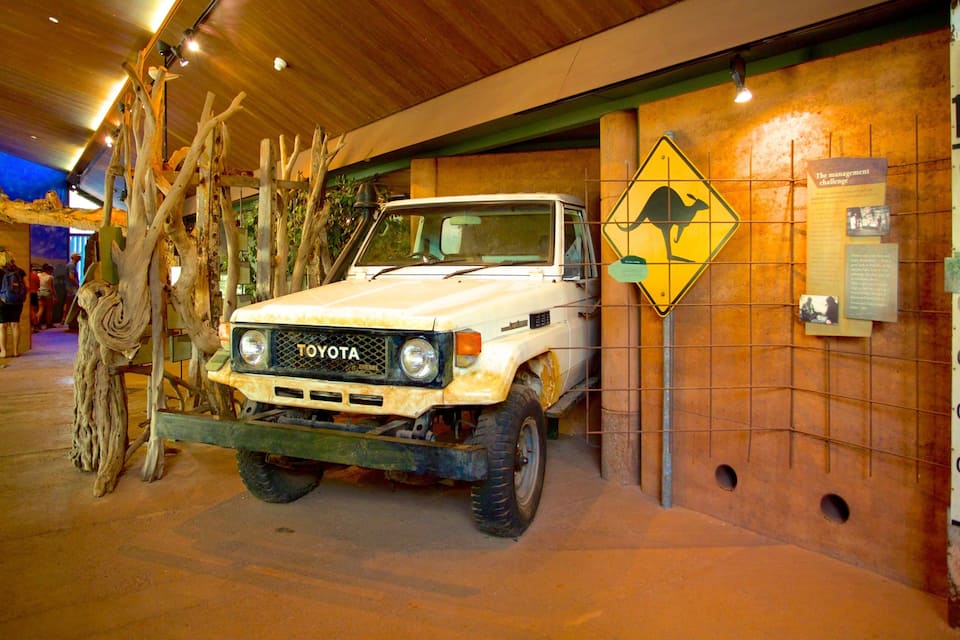 Una camioneta blanca Toyota estacionada en el interior, con un letrero de paso de canguro amarillo y un letrero de advertencia de altura en la pared.