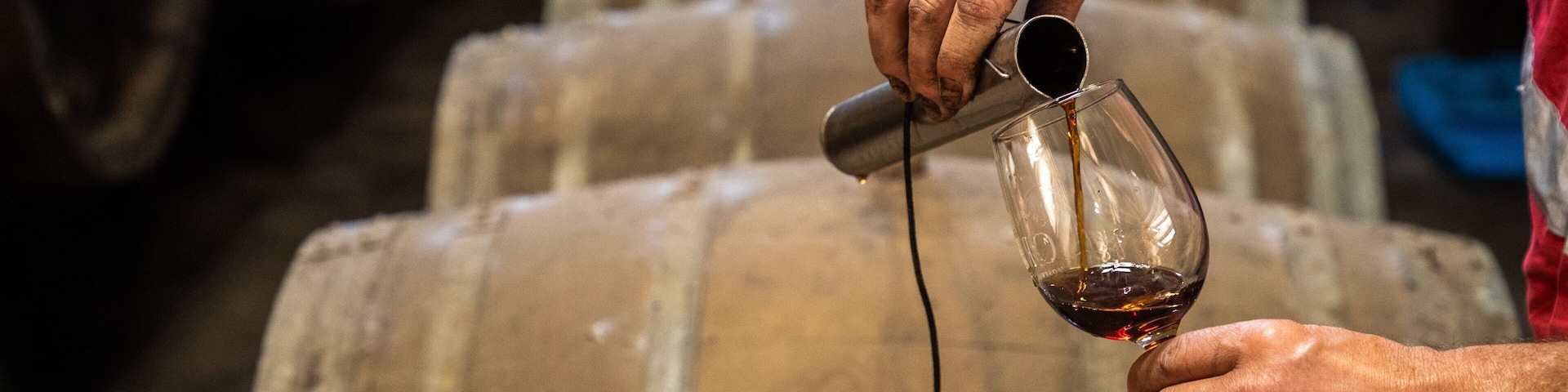 A person pouring wine from a bottle into a glass.