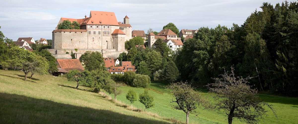 A historic castle surrounded by lush greenery and traditional houses.