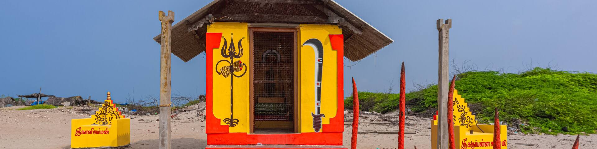 Sri Kaaliamman & Sri Karuppannasaamy temple at Dhanushkodi south-eastern tip of Pamban Island, Tamil Nadu State, India. Dhanushkodi is an abandoned town. it was destroyed during the Rameswaram cyclone