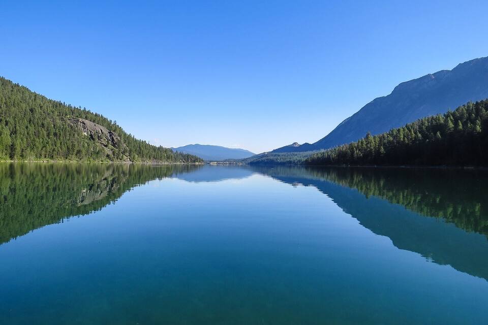 A calm lake with reflections of surrounding mountains and dense forests.